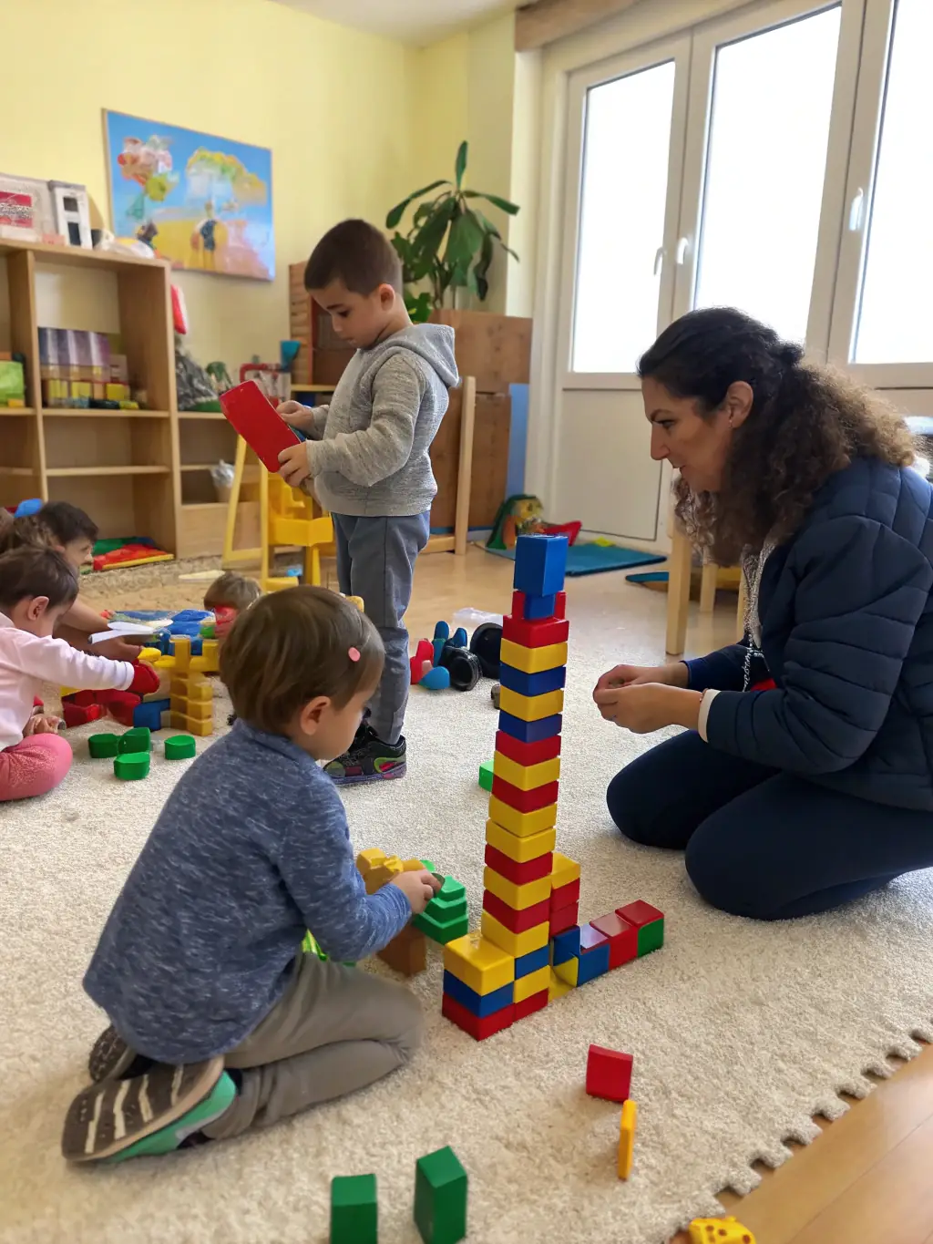 A close-up shot of children happily playing with LEGO bricks in a calm and organized sensory-friendly zone at a Block Party Co. event.