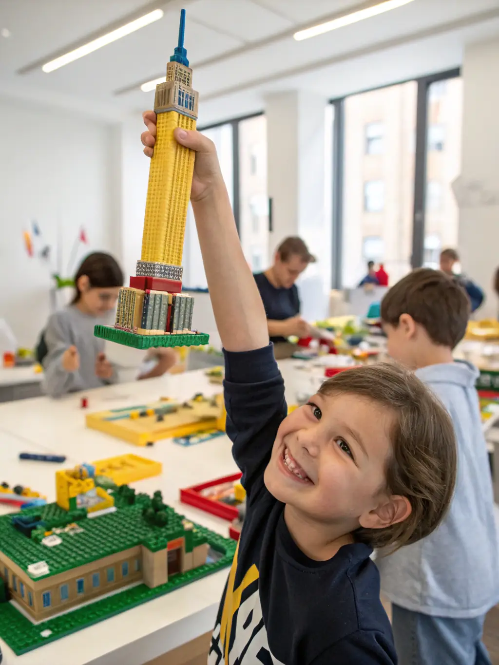A vibrant and joyful scene of a child celebrating their birthday with friends at a Block Party Co. event, surrounded by LEGO-themed decorations.