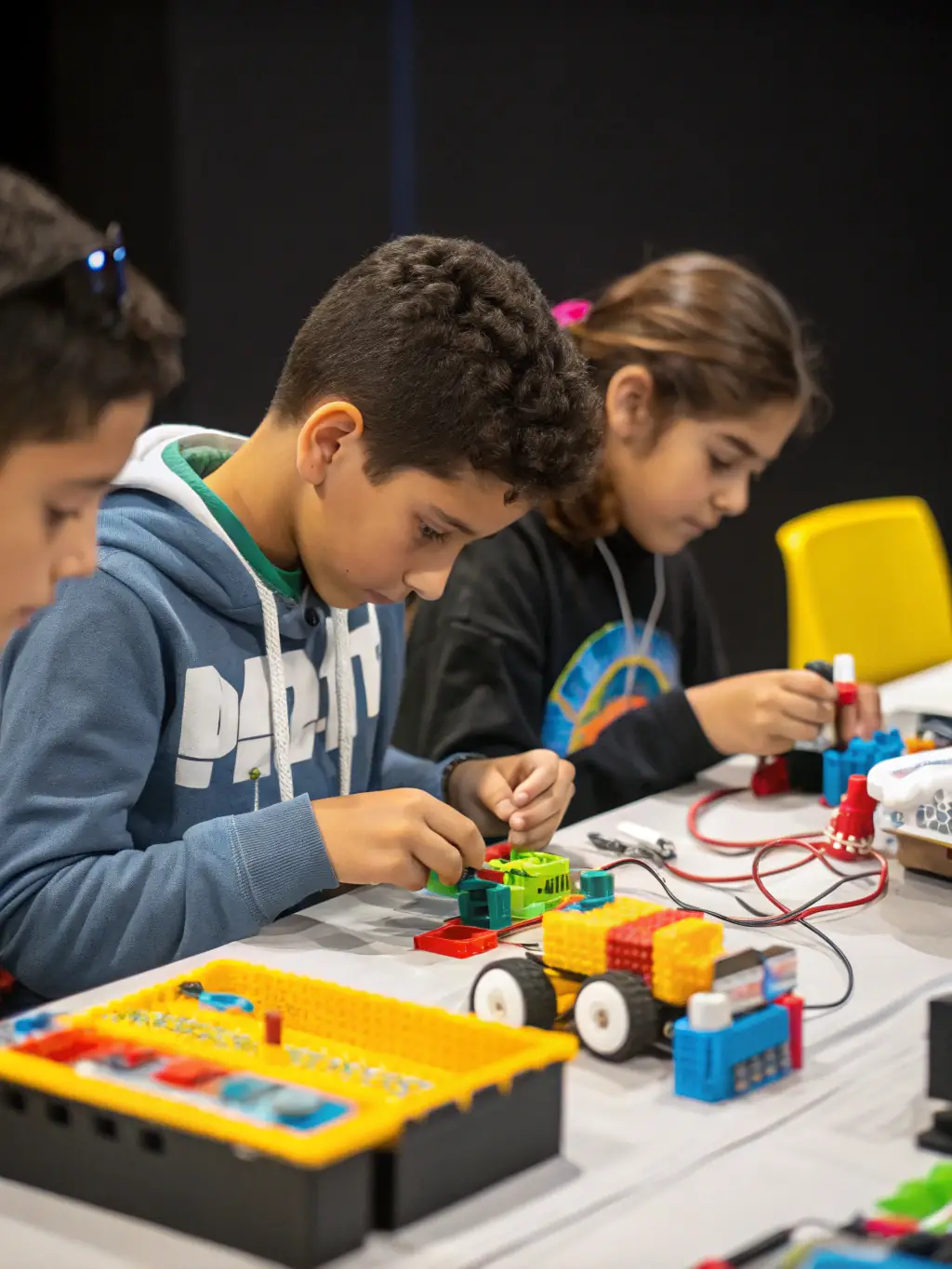 A group of children collaboratively building a LEGO structure, showcasing teamwork and creative problem-solving at a Block Party Co. party.