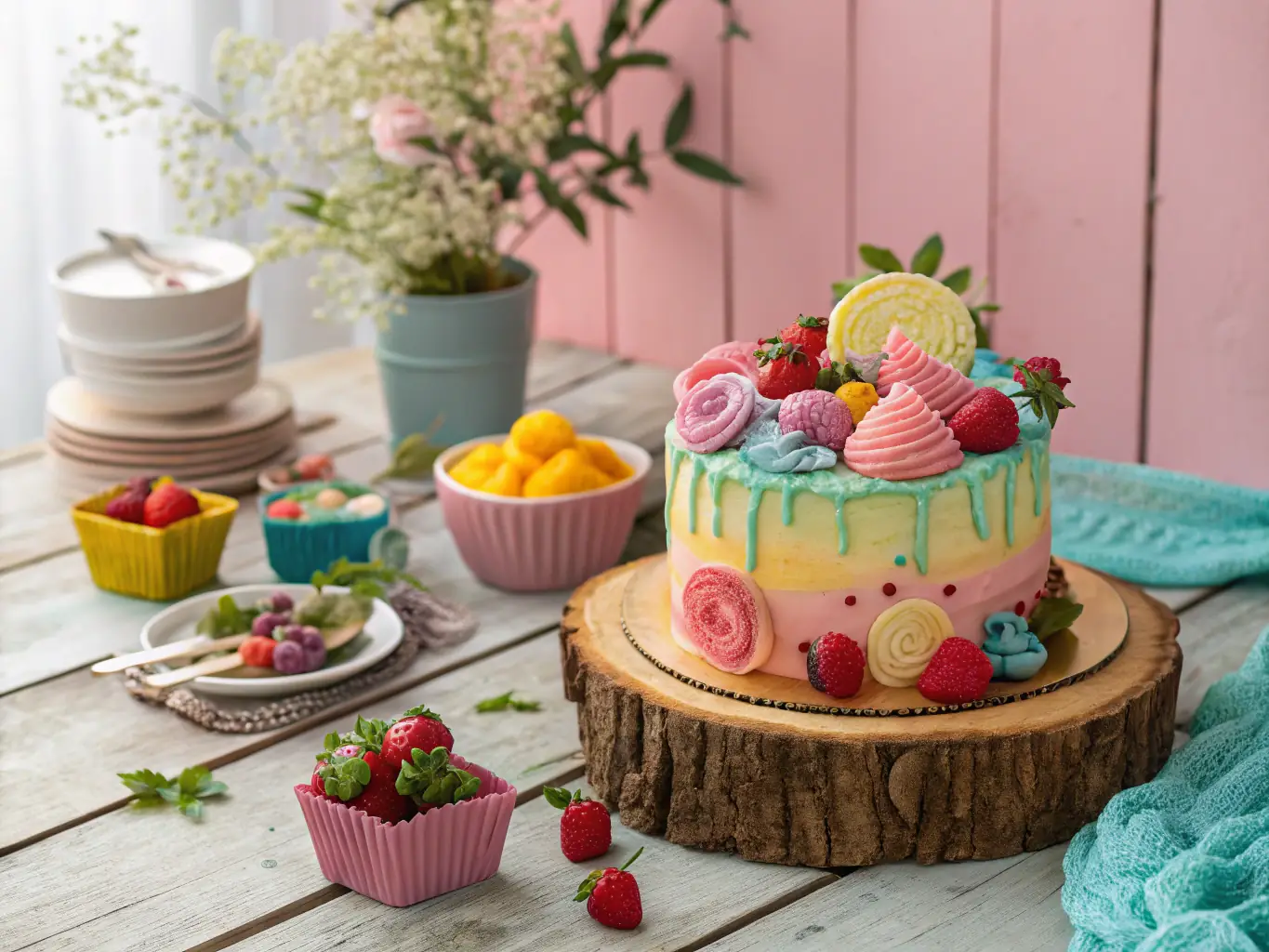 A picture of a birthday cake decorated with LEGO bricks and vibrant colors, representing the creative and fun atmosphere of Block Party Co. parties.